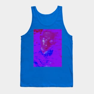 Portrait, digital collage and special processing. Man looking on us. Eyes. Smudged shapes. Violet. Tank Top